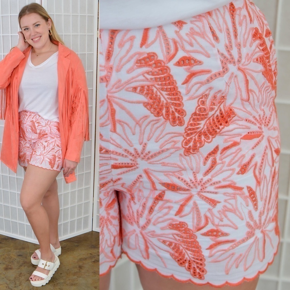New White and Coral Maia 100% Cotton Embroidered High Waist Shorts with Pockets